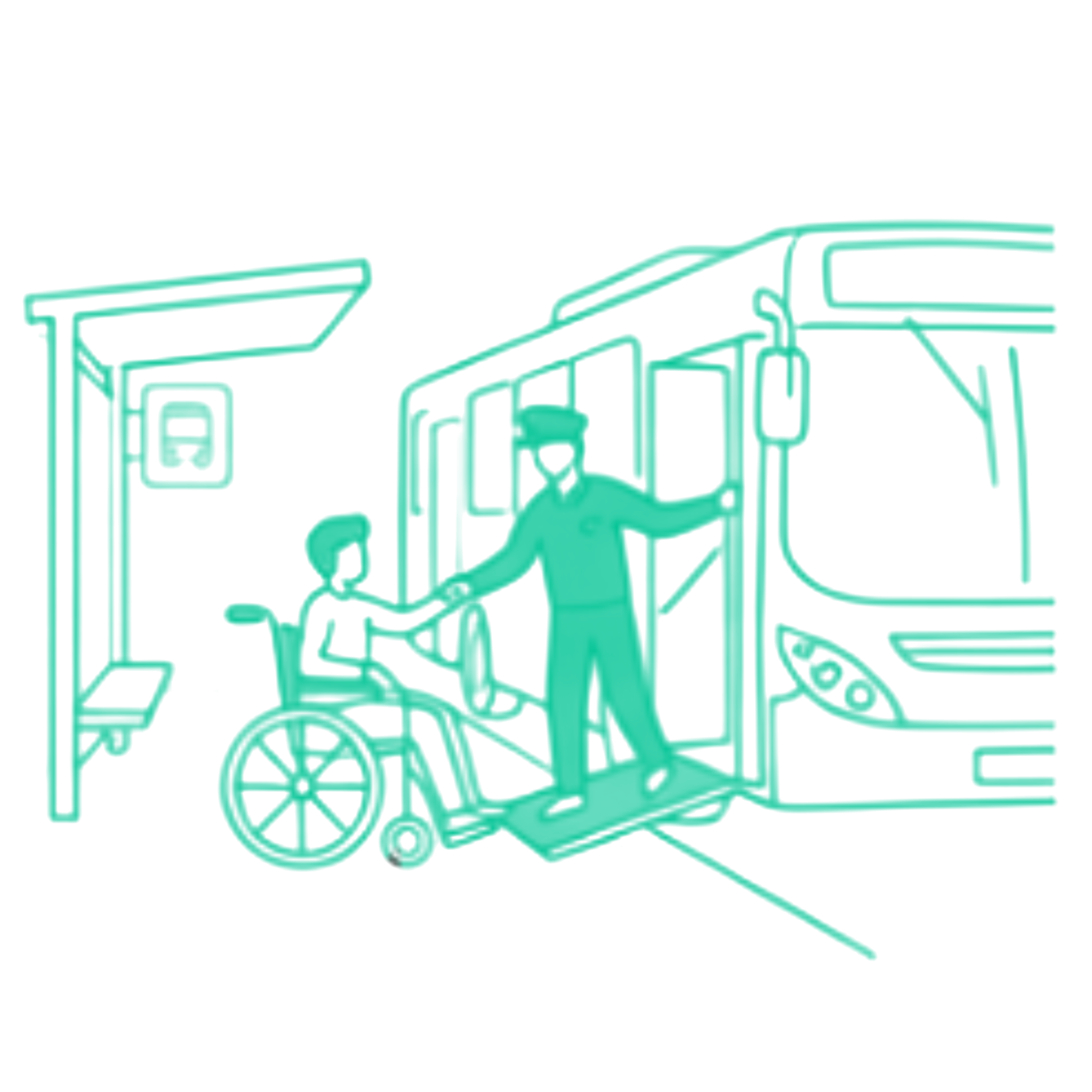 Ilustração de embarque assistido com motorista apoiando usuário com deficiência