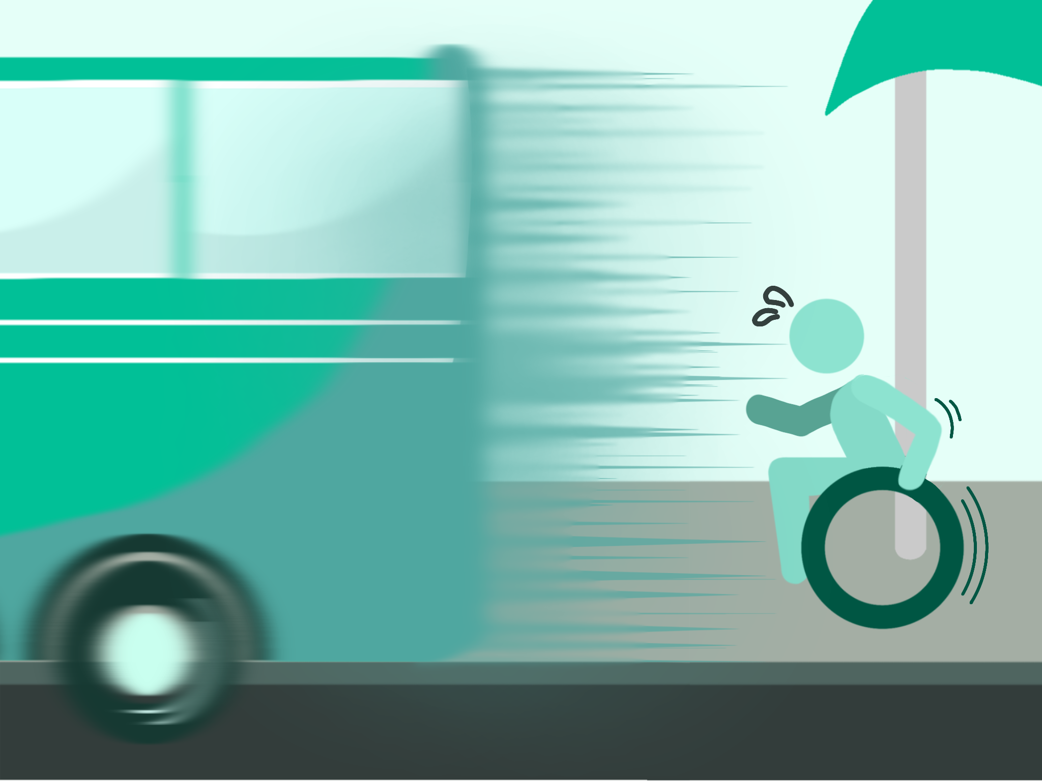 Ilustração de ônibus queimando uma parada com uma pessoa com deficiência frustrada