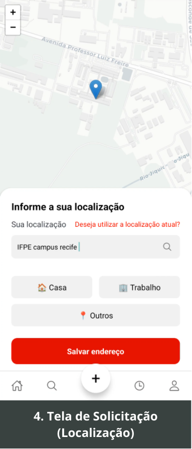 Tela 4 do Sigabem App: Tela de solicitação com formulário de localização do usuário