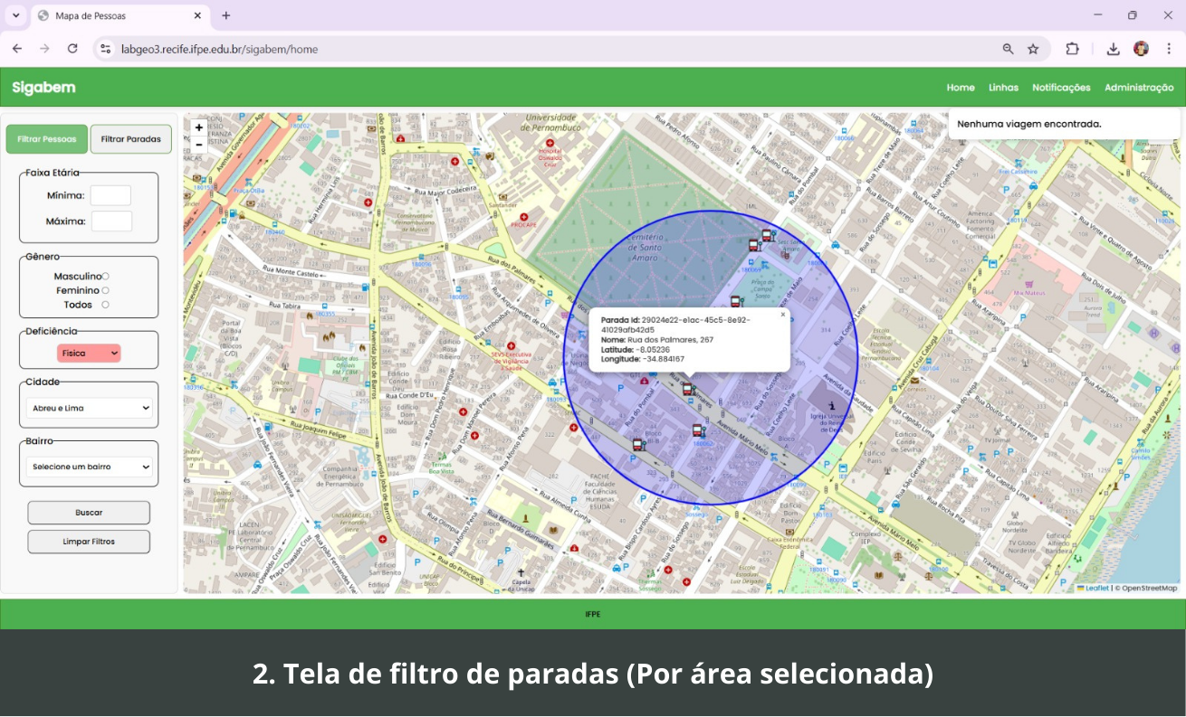 Tela 2 do Sigabem Web: Tela de filtro de paradas por área selecionada