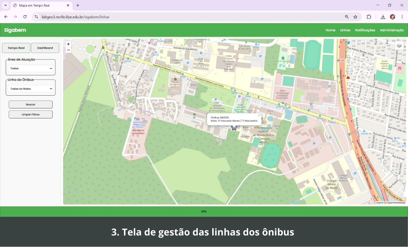 Tela 3 do Sigabem Web: Tela de gestão das linhas do ônibus
