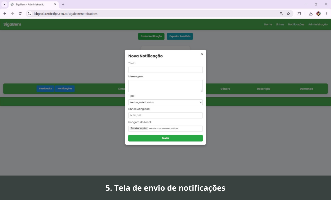 Tela 5 do Sigabem Web: Tela de envio de notificações para os usuários